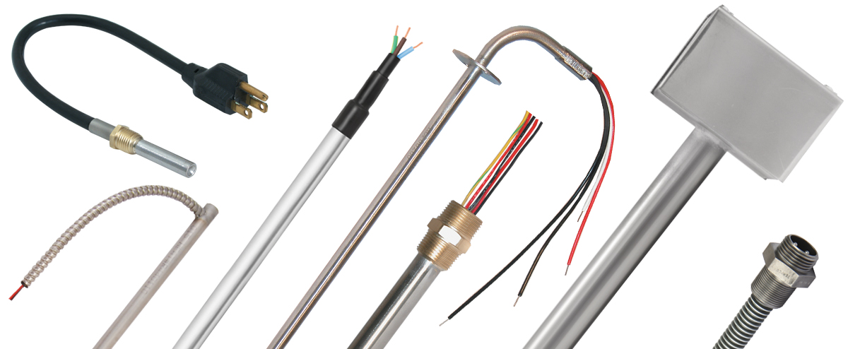 Group of Cartridge Heaters with varying sizes and electrical terminations